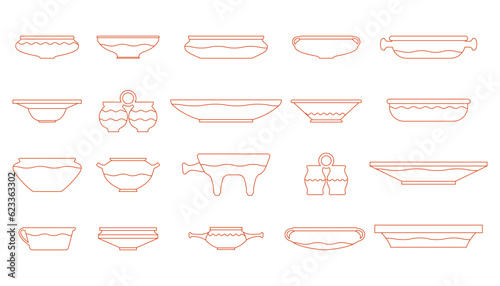 Ceramic plate. Icon side view. Vector illustration dish. Different shapes kitchen bowl with ornament. Pottery concept. Traditional Ukrainian crockery for food. Ceramic product. Earthenware product