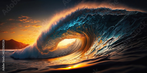 ai generated illustration Ocean wave curl with sunlight beam. Surfing concept
