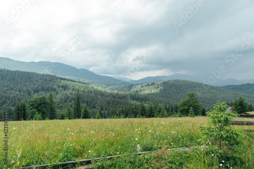 Green Ukrainian mountains in front of the storm. Summer time. Beautiful view of the largest peaks.