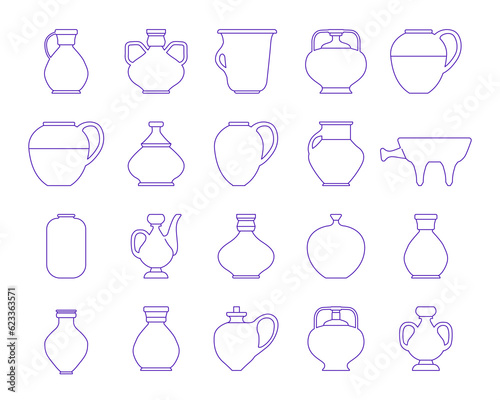 Vector illustration with bowl of various shapes. Set ceramic pot icon in linear style