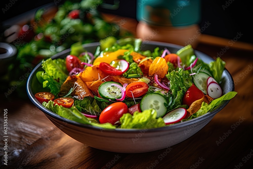 fresh salad with vegetables in wooden bowl