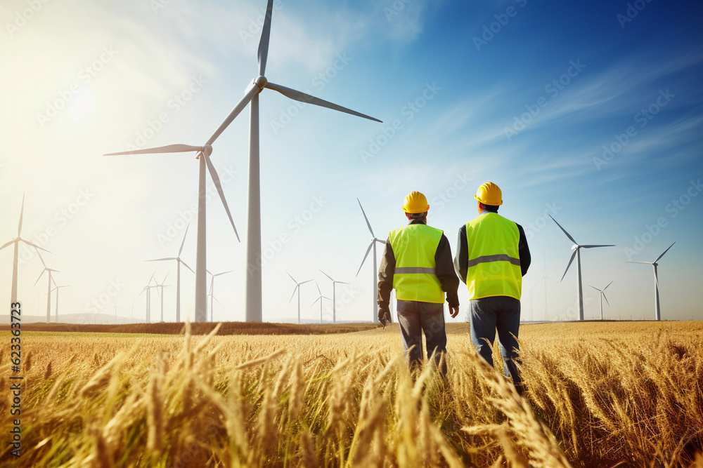 custom made wallpaper toronto digitalEnvironmental workers in a wind power field, collaborating on sustainable energy projects.