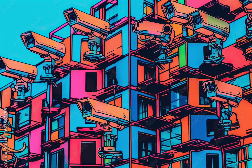 ai generated illustration Many CCTV cameras on building wall apartment