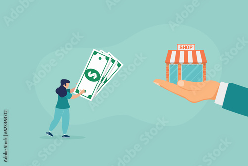 Franchise concept. Investor buys the store by agreement. Money in exchange for property rights. Purchase of an idea and license. Profitable franchise business. Vector illustration flat design.
