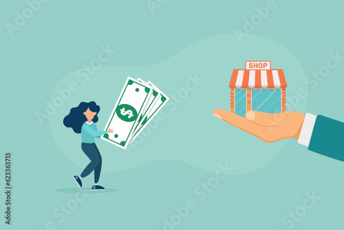Franchise concept. Investor buys the store by agreement. Money in exchange for property rights. Purchase of an idea and license. Profitable franchise business. Vector illustration flat design.
