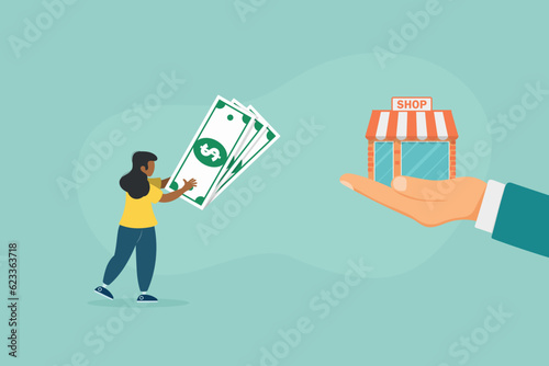 Franchise concept. Investor buys the store by agreement. Money in exchange for property rights. Purchase of an idea and license. Profitable franchise business. Vector illustration flat design.
