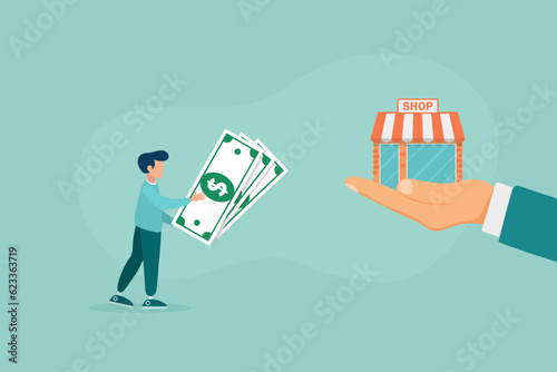 Franchise concept. Investor buys the store by agreement. Money in exchange for property rights. Purchase of an idea and license. Profitable franchise business. Vector illustration flat design.
