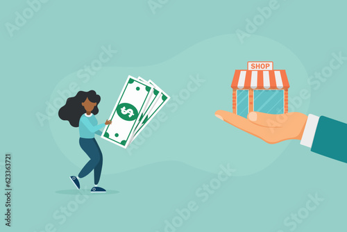 Franchise concept. Investor buys the store by agreement. Money in exchange for property rights. Purchase of an idea and license. Profitable franchise business. Vector illustration flat design.
