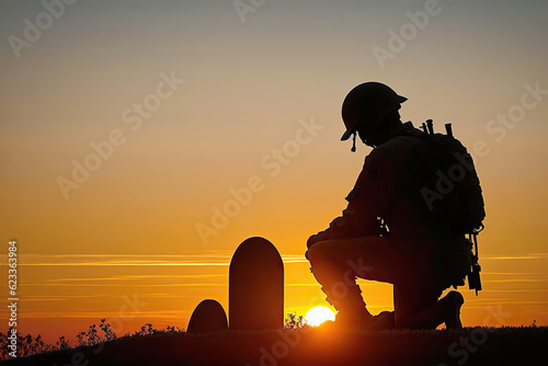 ai generated illustration Soldier visiting military cemetery sunset