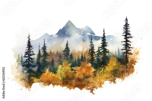 Watercolor autumn mountains with fir trees on white background Generative AI