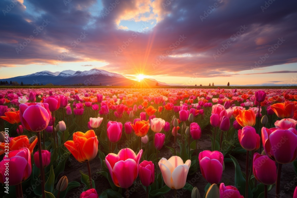 Landscape Photography of Colorful Tulip Fields, Generative AI