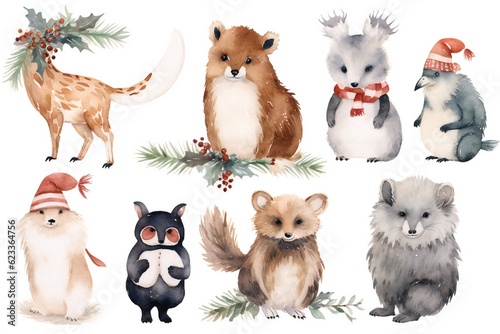Watercolor christmas animals clip art on white background Generative AI © LayerAce.com