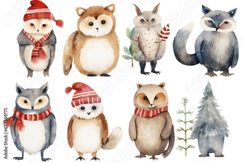Watercolor christmas animals clip art on white background Generative AI