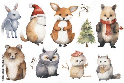 Watercolor christmas animals clip art on white background Generative AI