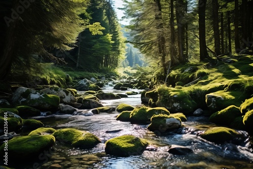 Landscape Photography_of Crystal-clear Alpine Stream, Generative AI
