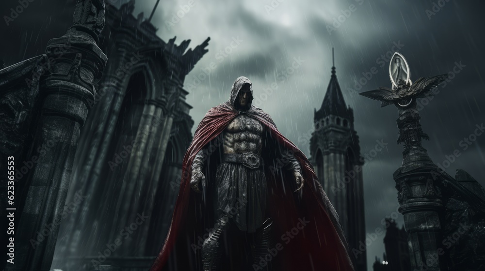 Guardian of History in Stone: Red-Cloaked Warrior, An Ancient Sculpture in the Fortress Heart, Echoing Centuries of Heroic Deeds Guardian of History in Stone: Red-Cloaked Warrior, An Ancient Sculpture in the Fortress Heart, Echoing Centuries of Heroic Deeds
