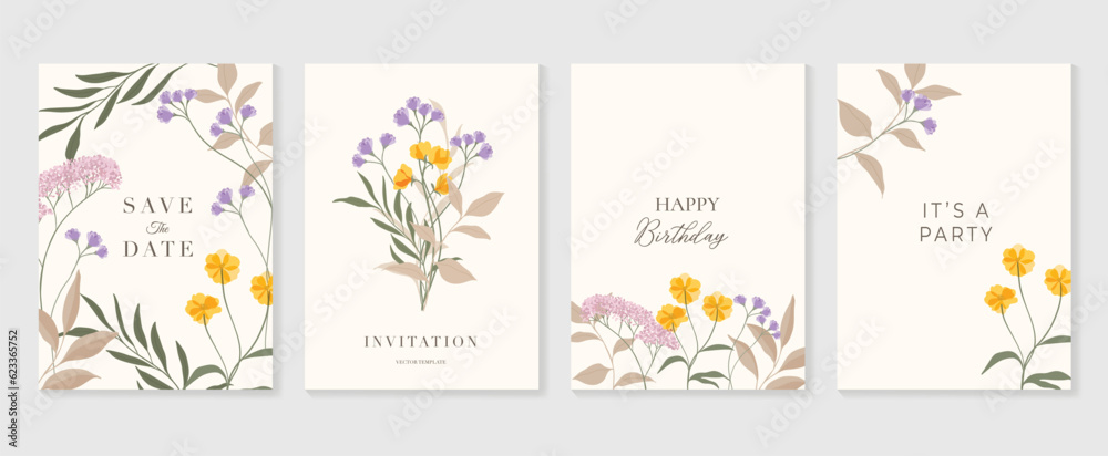 Set of abstract floral invitation card background vector. Hand drawn vibrant color botanical flower and leaf branch cover. Design illustration for flyer, poster, banner, brochure, wedding, birthday.