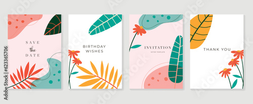 Set of abstract floral invitation card background vector. Hand drawn vibrant color botanical flower and leaf branch cover. Design illustration for flyer, poster, banner, brochure, wedding, birthday.