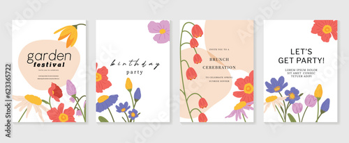 Set of abstract floral invitation card background vector. Hand drawn vibrant color botanical flower and leaf branch cover. Design illustration for flyer, poster, banner, brochure, wedding, birthday.