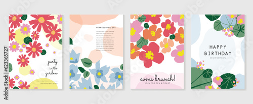 Set of abstract floral invitation card background vector. Hand drawn vibrant color botanical flower and leaf branch cover. Design illustration for flyer, poster, banner, brochure, wedding, birthday.