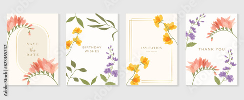 Set of luxury floral invitation card background vector. Hand drawn vibrant color botanical flower and leaf branch cover. Design illustration for flyer, poster, banner, brochure, wedding, birthday.