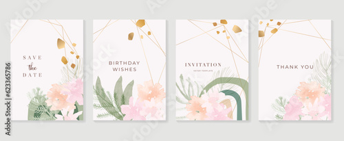 Set of luxury floral invitation card background vector. Hand drawn botanical flower, leaf branch with watercolor texture. Design illustration for flyer, poster, banner, brochure, wedding, birthday.
