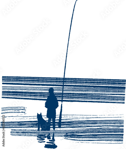 silhouette of a fisherman with a dog on the beach 