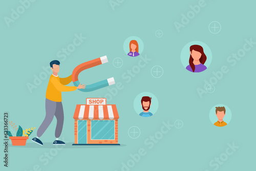 Social media promotion and customer acquisition, user and customer acquisition, big magnet man get new customers and users for business.

