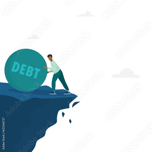 Businessman struggle with debt iron ball almost fall business concept. Vector illustration.
