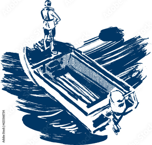 vector sketch of a fishing boat on the ocean