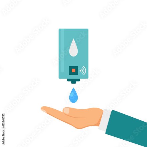 Wall of hand sanitizer. People use automatic alcohol antiseptic gel. A drop of antibacterial gel in the palm of your hand. Sanitizer bottle hygiene product. Vector.
