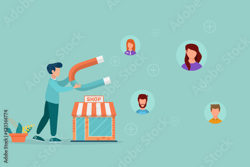 Social media promotion and customer acquisition, user and customer acquisition, big magnet man get new customers and users for business.
