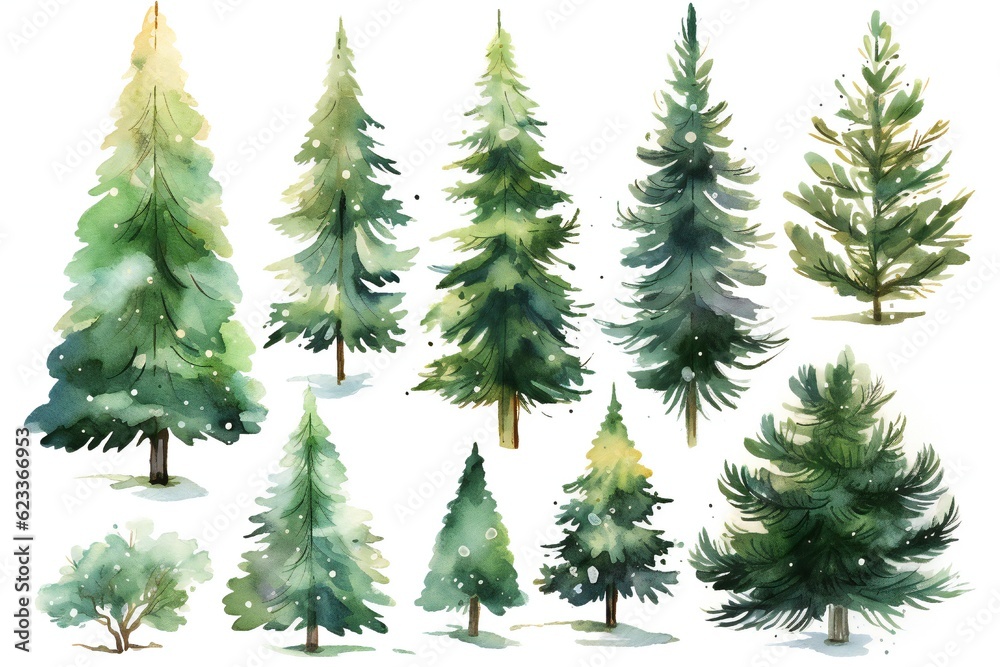 Watercolor Christmas tree clip art on white background Generative AI