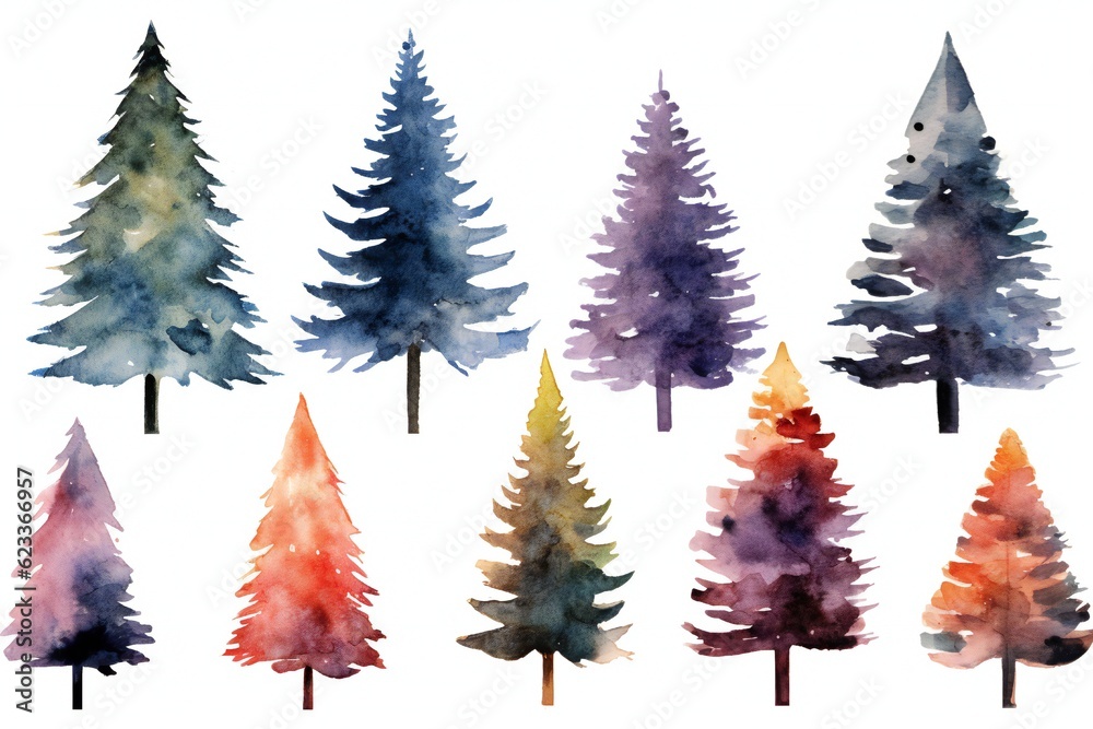 Watercolor Christmas tree clip art on white background Generative AI