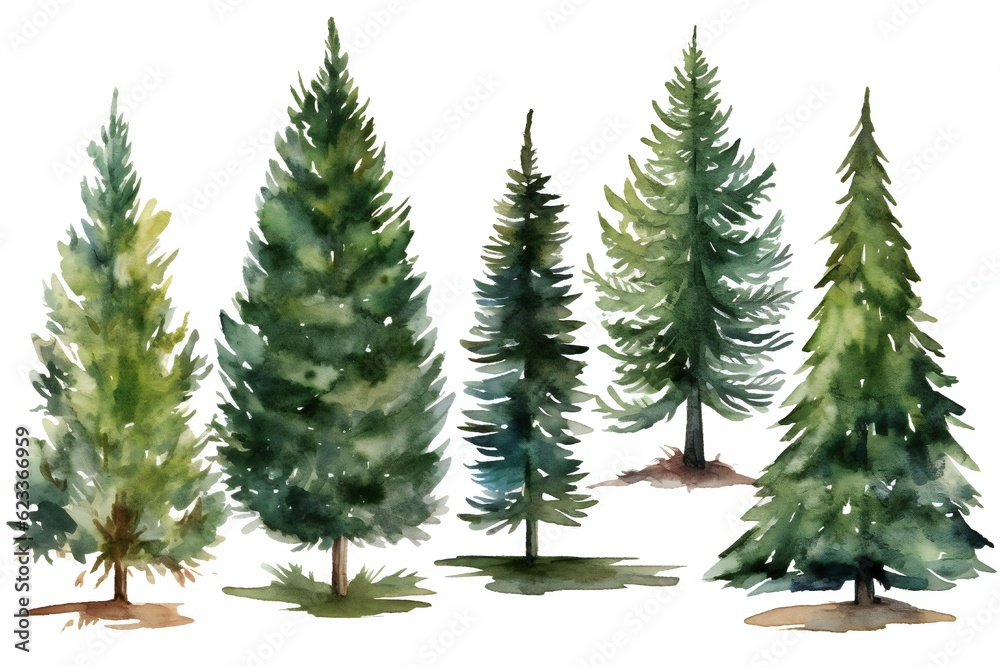 Watercolor Christmas tree clip art on white background Generative AI