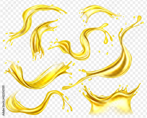 Oil splashing isolated. Fruit beverage elements for advertising or package design. Realistic yellow liquid with drop