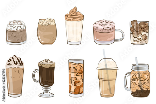 Hot and cold coffee beverage. Different types of drinks set. Flat vector illustration isolated on white background