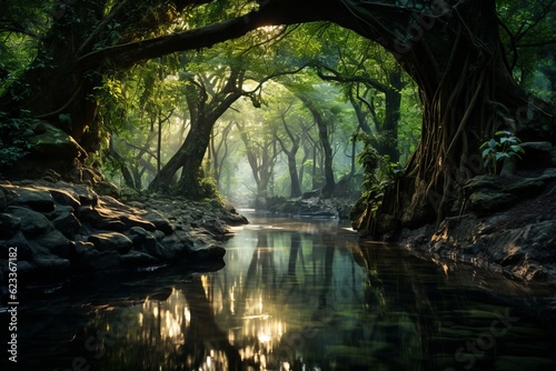 Landscape Photography of Enchanted Forest Illuminated, Generative AI
