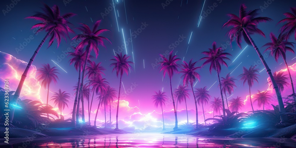 AI Generated. AI Generative. Retro vintage 80s 90s electronic cyberpunk retrowave synthwave vaporwave landscape nature. Tropical beach palms landscape. Graphic Art