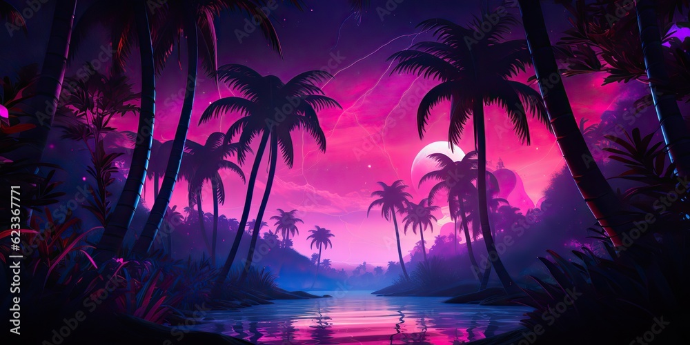 AI Generated. AI Generative. Retro vintage 80s 90s electronic cyberpunk retrowave synthwave vaporwave landscape nature. Tropical beach palms landscape. Graphic Art