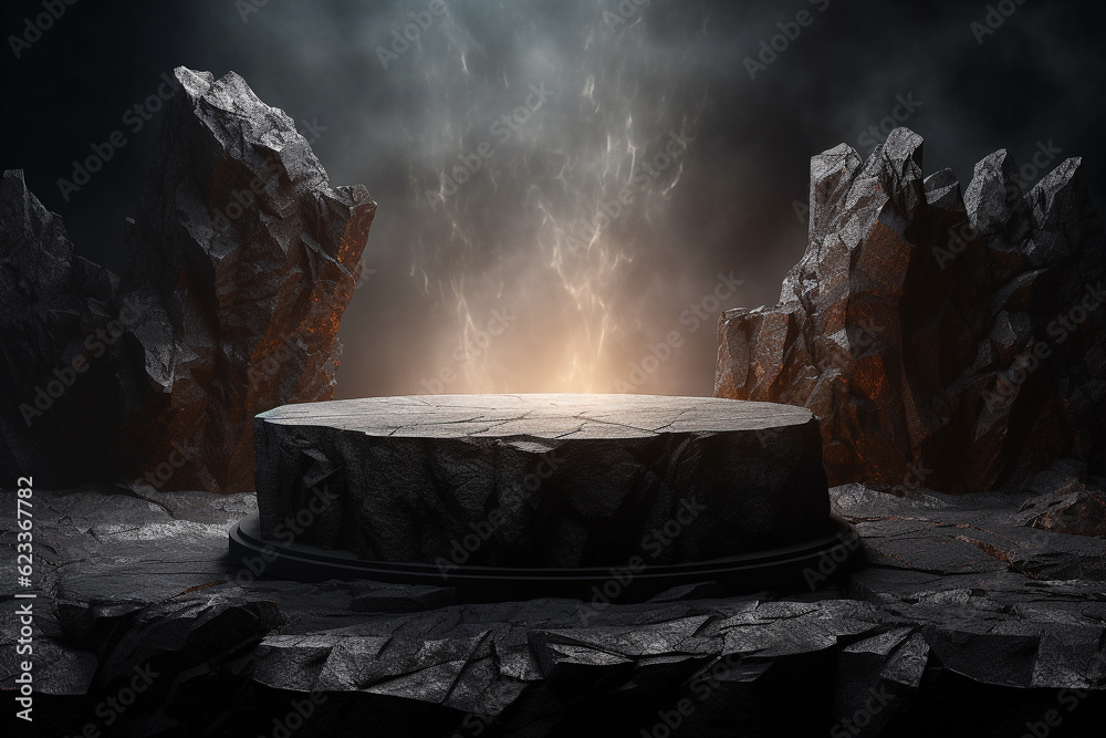 Black stone podium with sun shadow for product display in Rock shape background. Generative AI - obrazy, fototapety, plakaty 