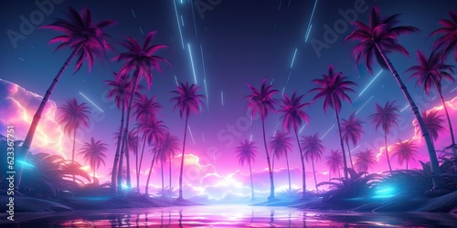 AI Generated. AI Generative. Retro vintage 80s 90s electronic cyberpunk retrowave synthwave vaporwave landscape nature. Tropical beach palms landscape. Graphic Art © AkimD