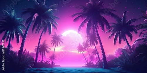 AI Generated. AI Generative. Retro vintage 80s 90s electronic cyberpunk retrowave synthwave vaporwave landscape nature. Tropical beach palms landscape. Graphic Art