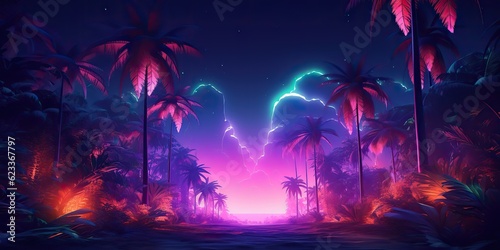 AI Generated. AI Generative. Retro vintage 80s 90s electronic cyberpunk retrowave synthwave vaporwave landscape nature. Tropical beach palms landscape. Graphic Art