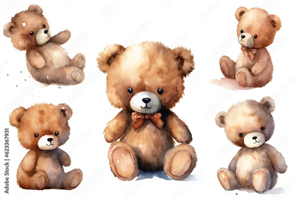 Watercolor cute teddy bear clip art on white background Generative AI Watercolor cute teddy bear clip art on white background Generative AI