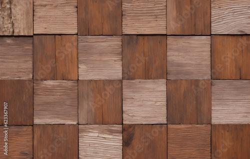 Interior wooden wall background  wood texture mosaic boards. Background made of wooden squares. Generative AI