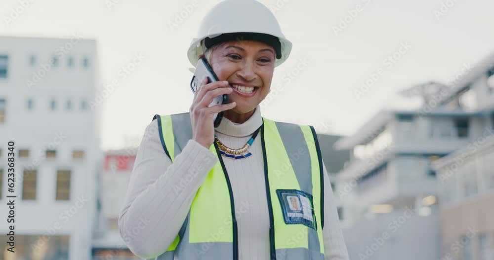 Phone call, happy and architecture woman at construction site for b2b planning, urban building or project management. Funny chat, communication and engineering worker or indian person talk on mobile