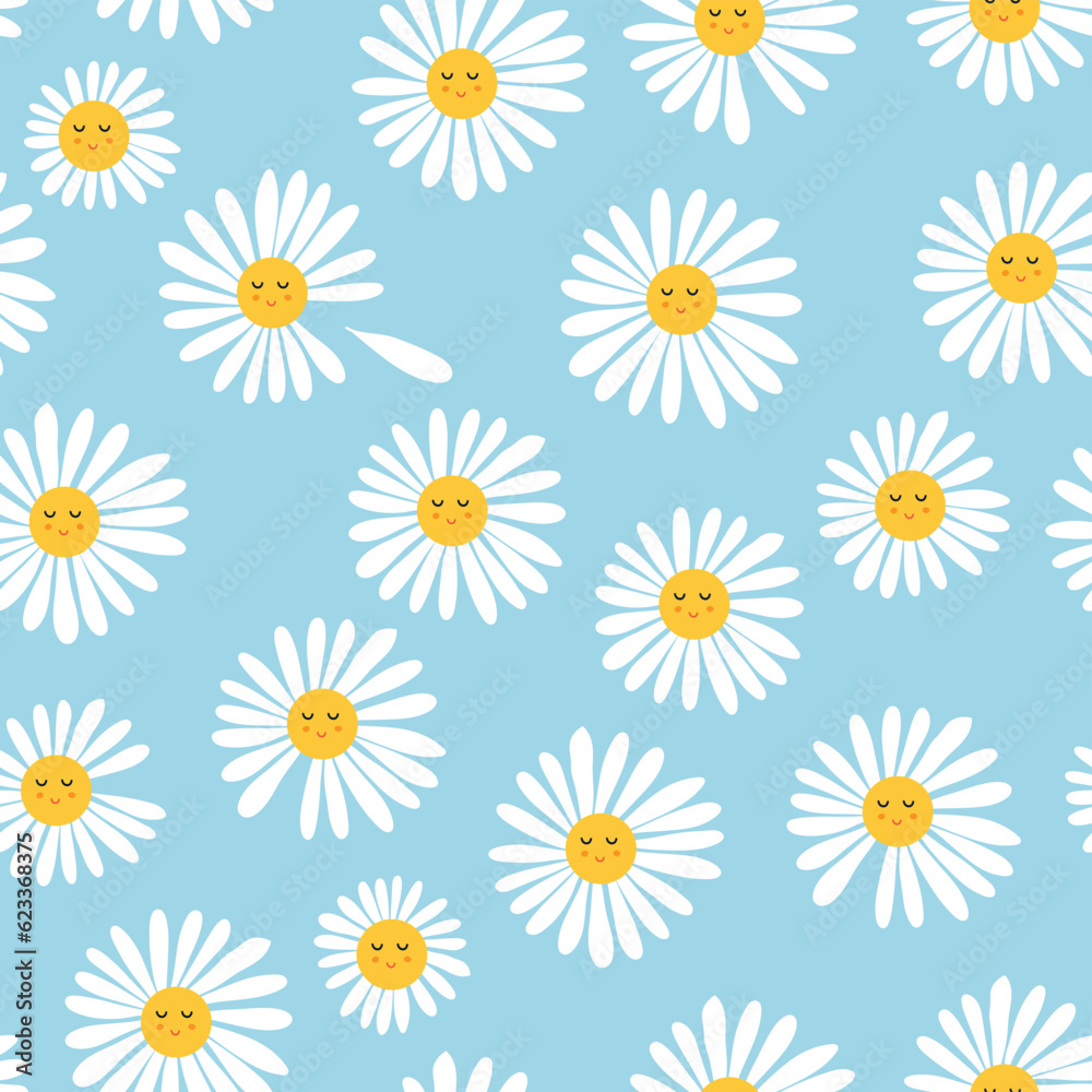 Summer floral seamless pattern with smiley daisy flowers, modern wall decor, wallpaper, backgrounds for summer inspiration 
