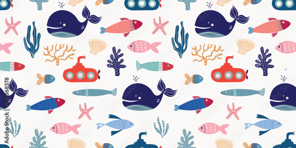 Summer marine seamless pattern with cute nautical elements, design inspiration for kids wallpaper, fabric, wrapping paper
