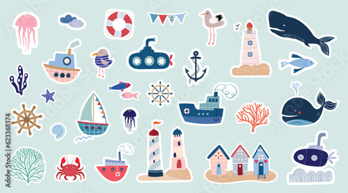 Summer nautical stickers collection with different marine elements, vector design